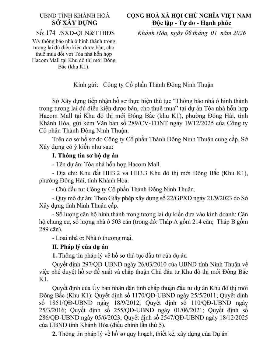 Công văn của Sở Xây dựng tỉnh Khánh Hòa xác nhận Hacom Tower đủ điều kiện mở bán.